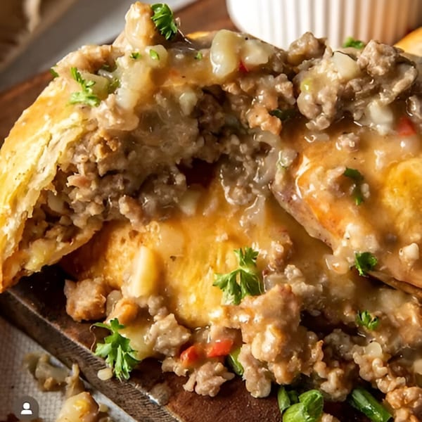 Close-up of a golden-brown pastry filled with savory sausage gravy and garnished with parsley.