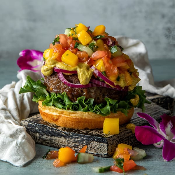 Gourmet burger with mango salsa, red onion, and mustard on a toasted bun, garnished with orchids.