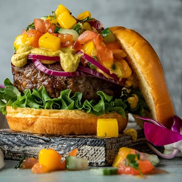 A Scrum-did-dly-ump-tious breakfast burger with mango salsa, red onion, and mustard on a bun.