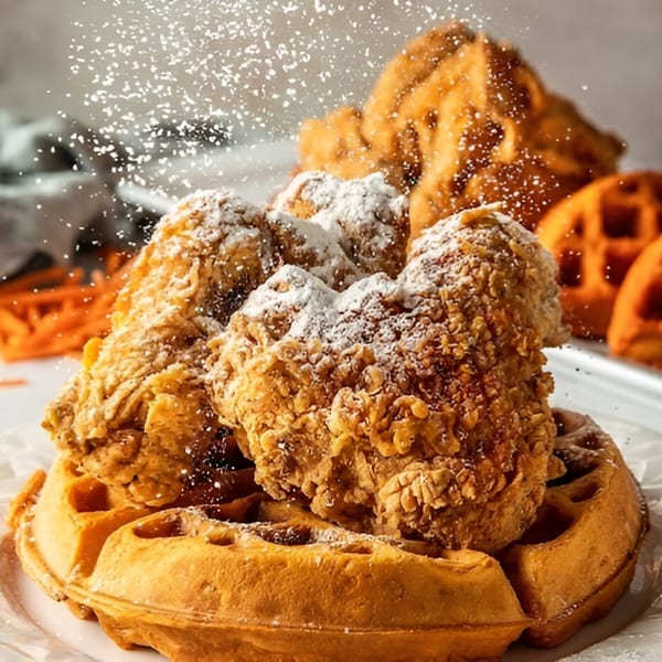 Crispy fried chicken pieces and waffles dusted with powdered sugar, a Scrum-did-dly-ump-tious breakfast.