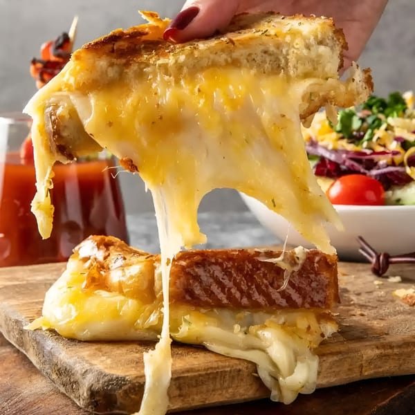 Hand pulling apart a grilled cheese sandwich, revealing gooey melted cheese, with a drink and salad in the background.