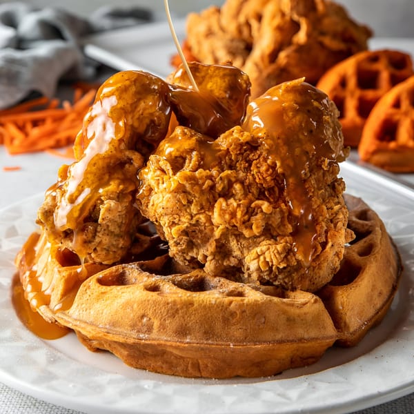 Golden fried chicken pieces drizzled with syrup, resting on a waffle, with more waffles in the background.